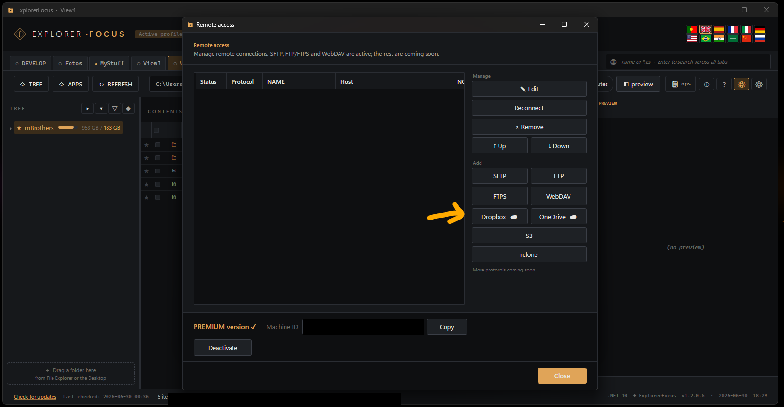 Remote access — choose Dropbox