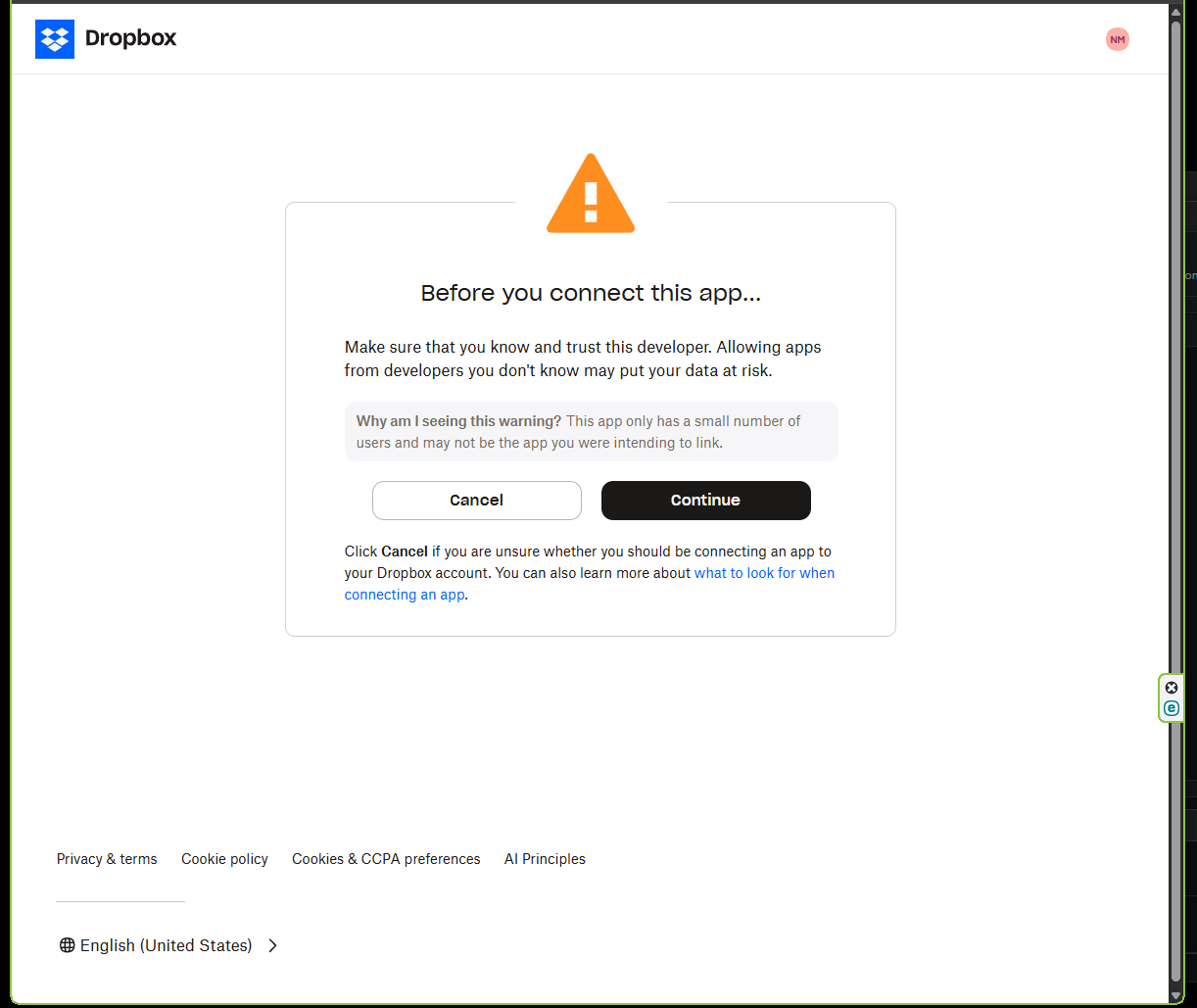 Dropbox connect warning