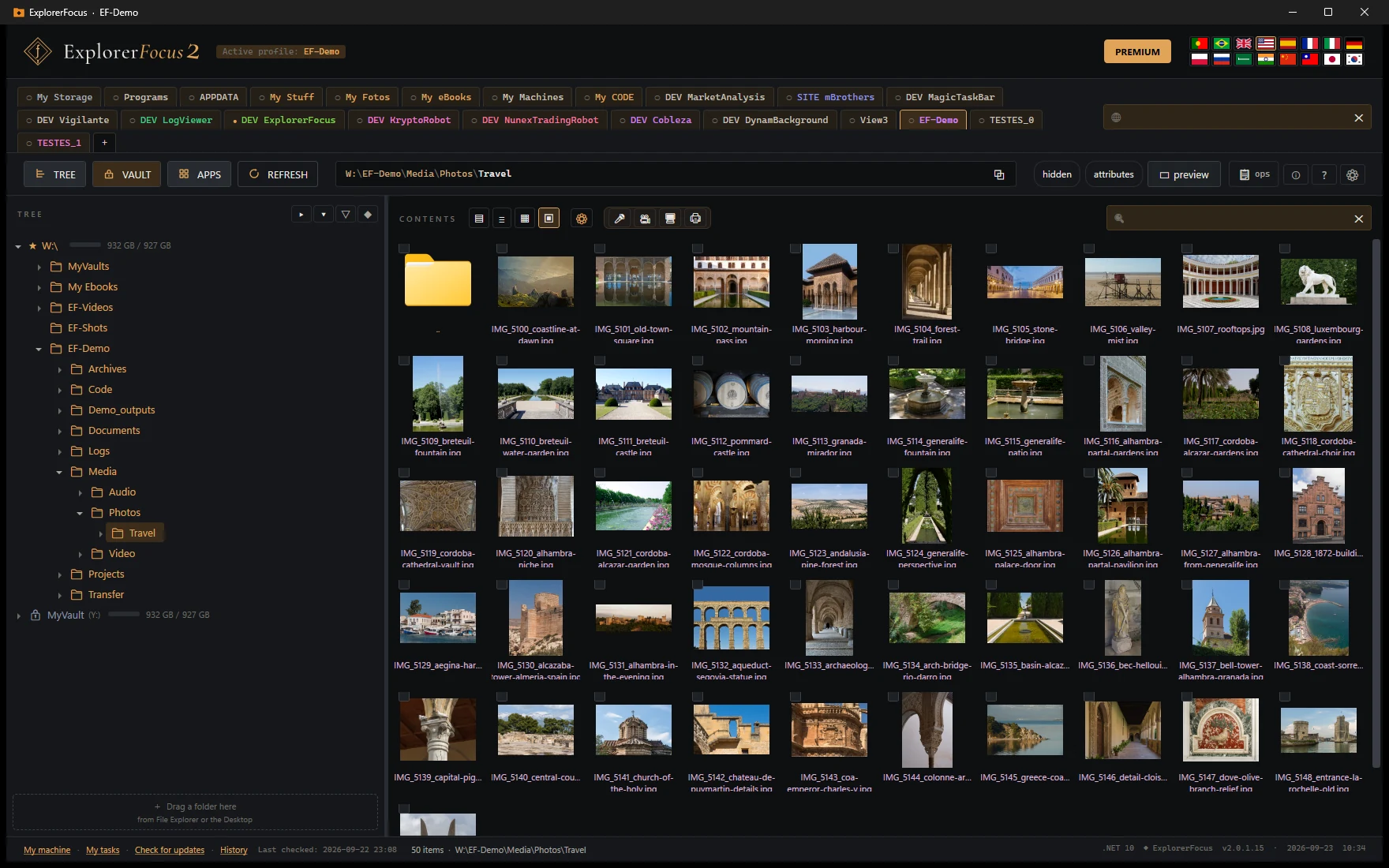 ExplorerFocus with 22 profile tabs across the top and a folder of 50 photos in icon view.