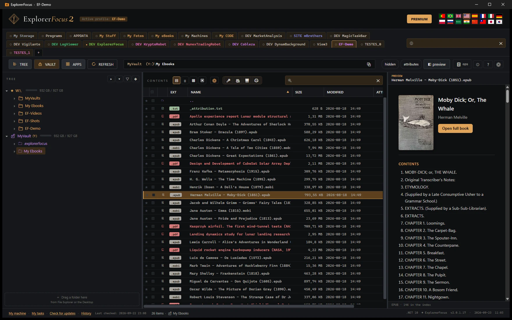 An encrypted vault mounted as MyVault (Y:) in the folder tree, with an e-book open showing its cover and table of contents.