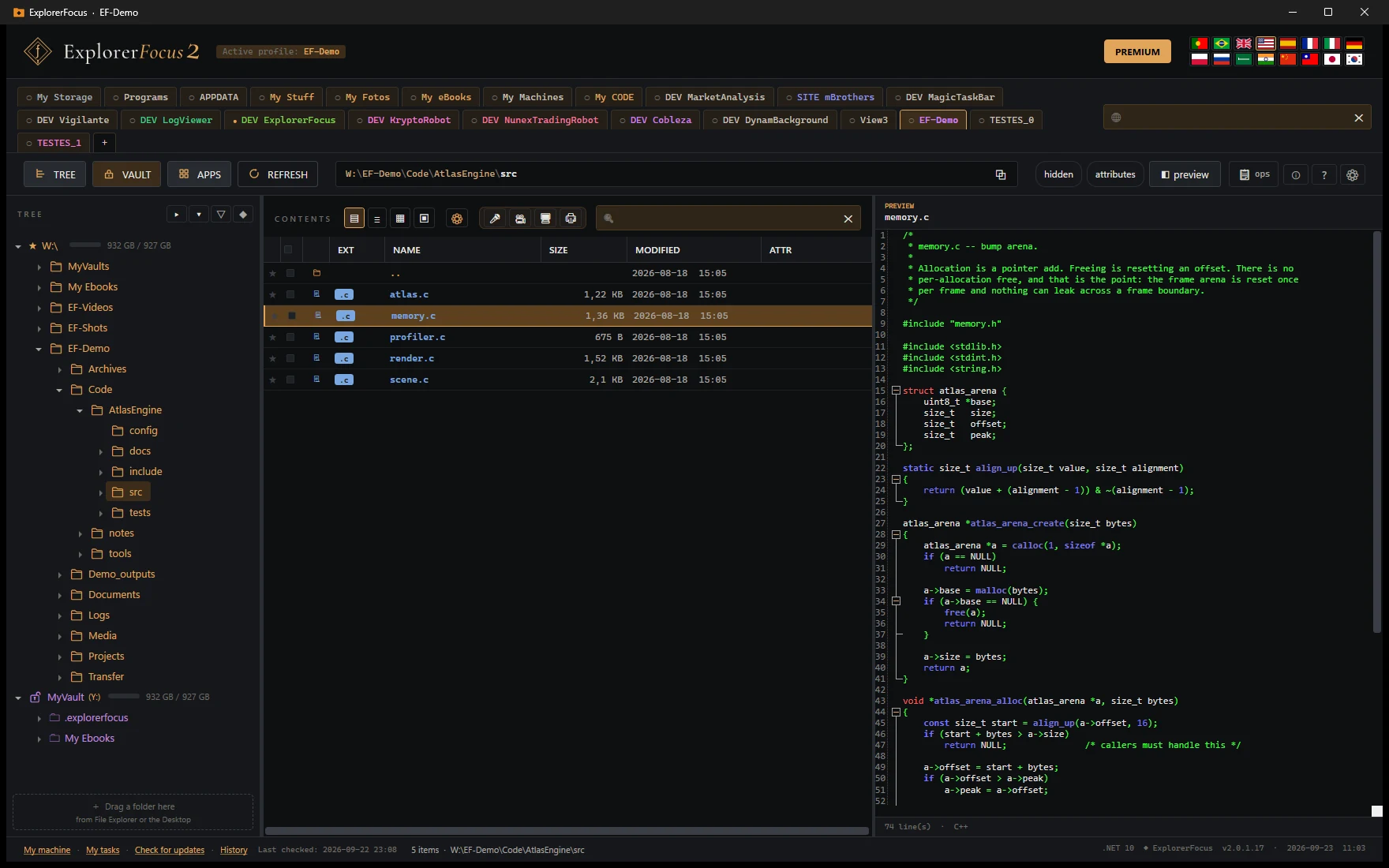 A C source file, memory.c, previewed with syntax highlighting beside the folder tree.