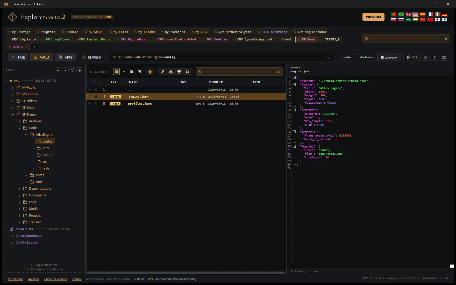 A JSON file, engine.json, previewed with syntax highlighting and collapsible sections.