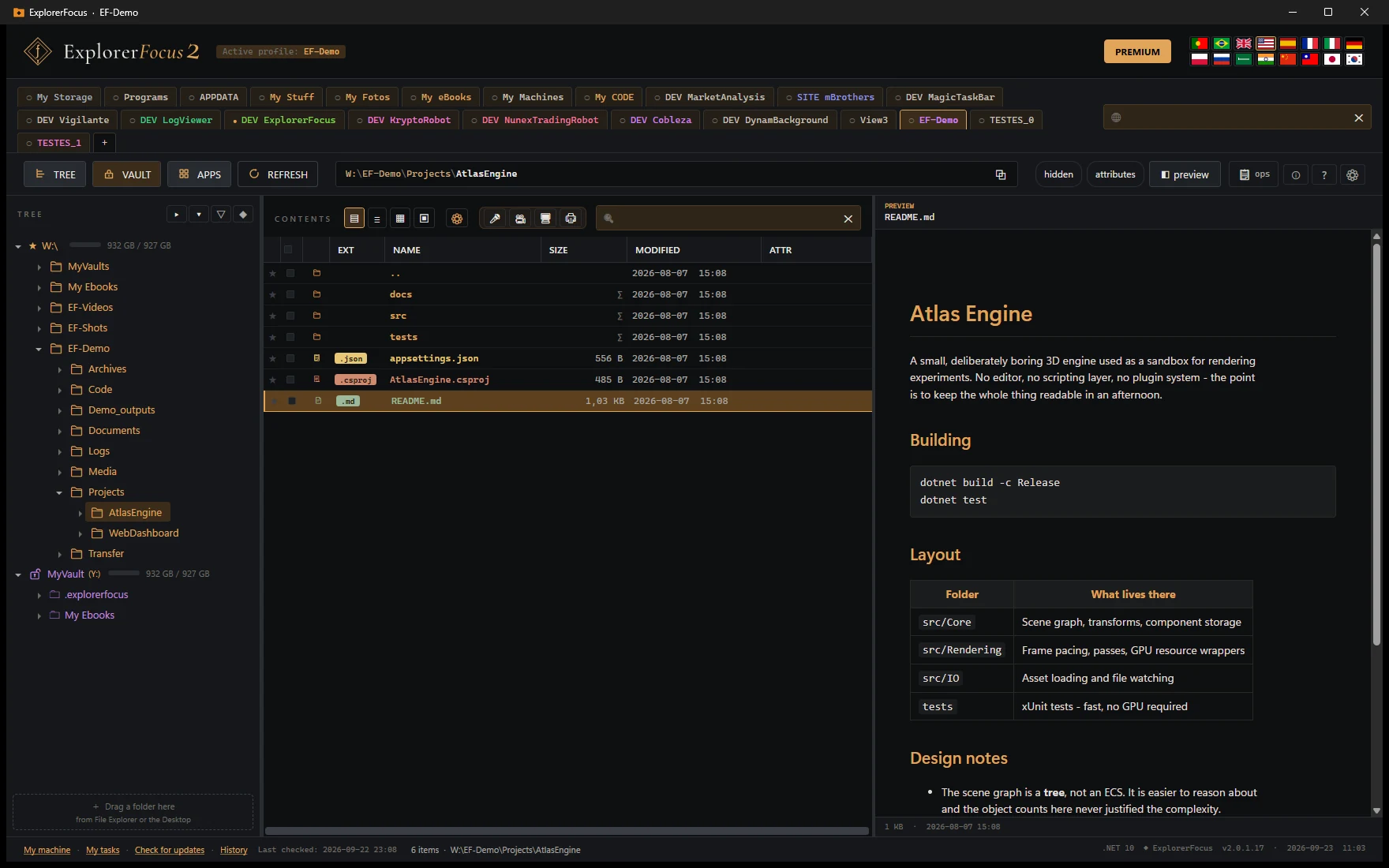 A Markdown README rendered in the preview pane, with headings, a code block, a table and a list.