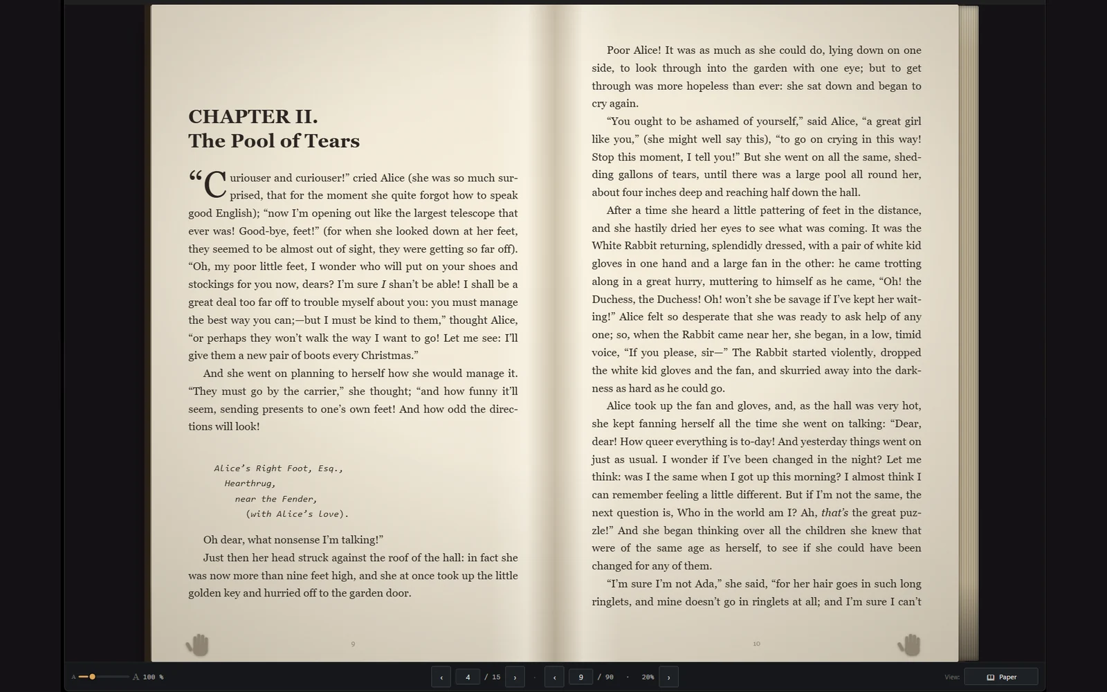 An EPUB open in paper mode: full screen, two facing pages and the spine down the middle.